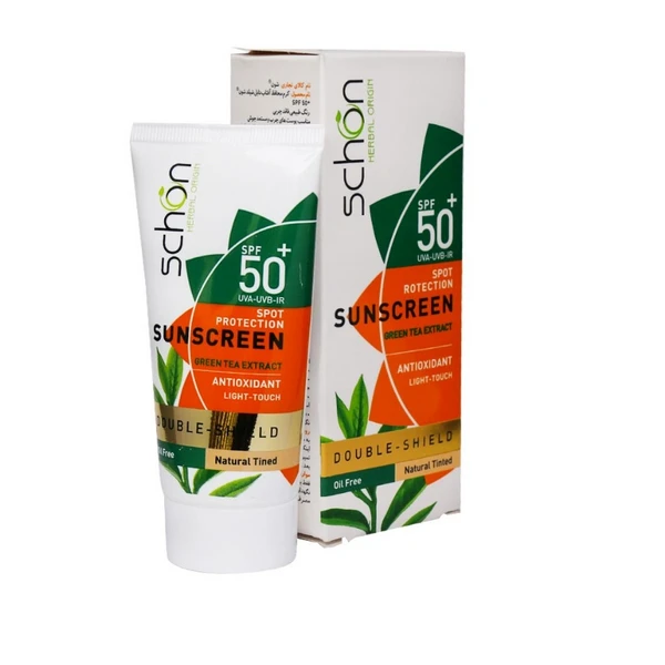 کرم ضدآفتاب +SPF50 دابل شیلد چای سبز فاقد چربی رنگ طبیعی شون 50 میلی‌لیتر Schon