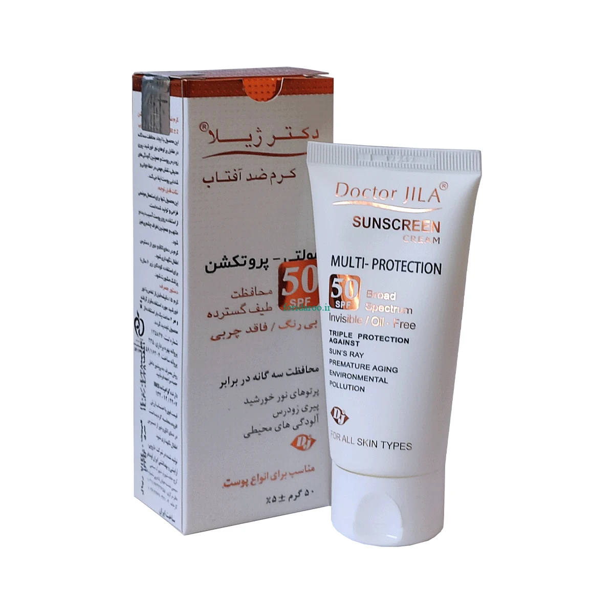 کرم ضد آفتاب SPF50 بی رنگ مولتی پروتکشن فاقد چربی 50گرم Doctor Jila