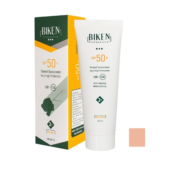 کرم ضدآفتاب +SPF50 رنگی کد +2 (بژ تیره) مناسب پوست خشک بیکن 50 میلی‌لیتر Biken