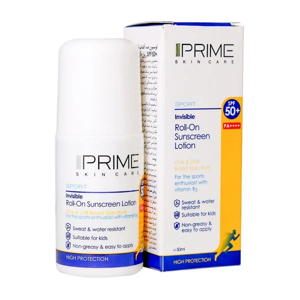 لوسیون ضدآفتاب +SPF50 رول آن بی‌رنگ انواع پوست پرایم 50 میلی‌لیتر Prime