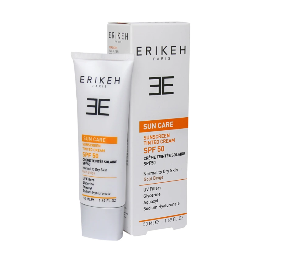 کرم ضدآفتاب بژ طلایی SPF50 مناسب پوست خشک و نرمال اریکه 50 میلی‌لیتر Erikeh