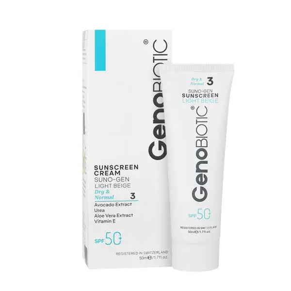 کرم ضدآفتاب بژ روشن SPF50 مناسب پوست خشک و معمولی ژنوبایوتیک-داروخانه آنلاین آدارو