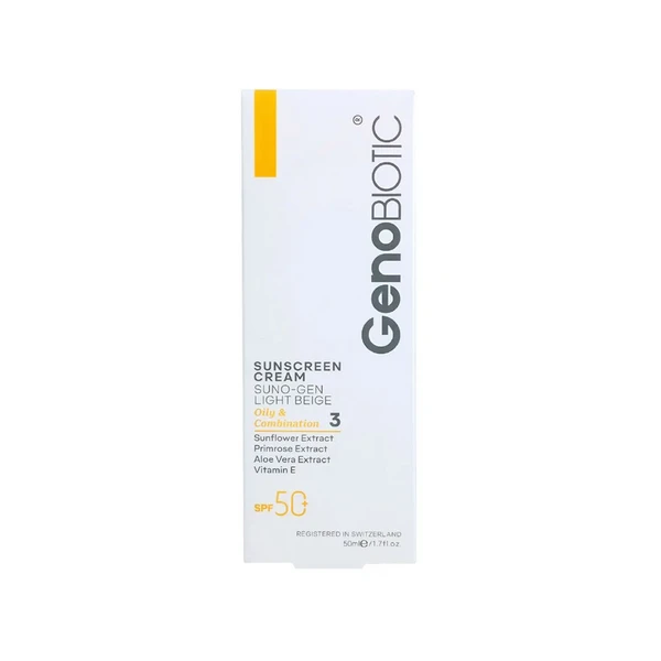 کرم ضدآفتاب بژ روشن SPF50 مناسب پوست چرب و مختلط ژنوبایوتیک-داروخانه آنلاین آدارو