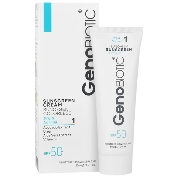 کرم ضدآفتاب بی رنگ SPF50 مناسب پوست خشک و معمولی ژنوبایوتیک