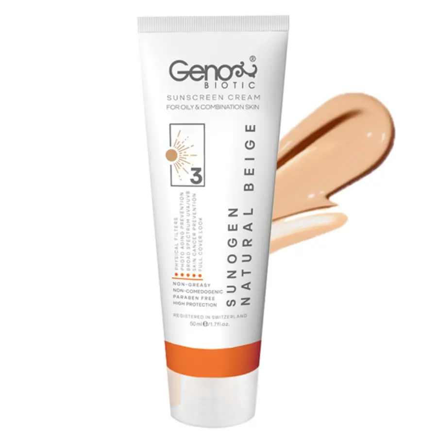 کرم ضدآفتاب بژ طبیعی SPF50 مناسب پوست چرب و مختلط ژنوبایوتیک 50 میلی‌لیتر GenoBiotic