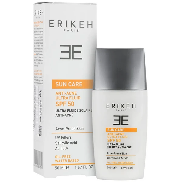 فلوئید ضدآفتاب SPF50 ضدجوش بی‌رنگ اریکه 50 میلی‌لیتر Erikeh