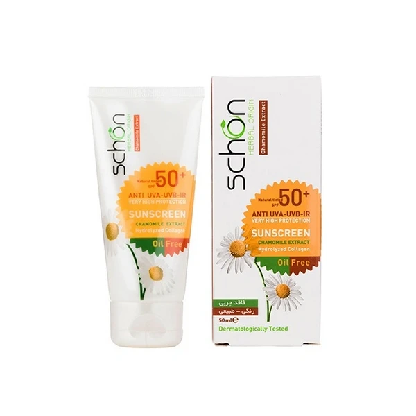 کرم ضدآفتاب +SPF50 بابونه فاقد چربی رنگ طبیعی شون 50 میلی‌لیتر Schon