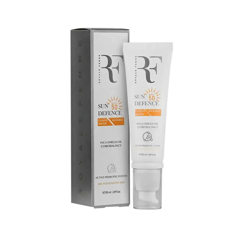 کرم ضدآفتاب بی رنگ SPF50 مدل فیوژن واتر پوست خشک رویال فم 50 میلی لیتر RF