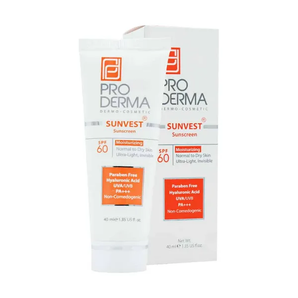 ضد آفتاب و مرطوب کننده بی رنگ SPF60 پوست نرمال تا خشک پرودرما 40 میلی لیتر Pro Derma-داروخانه آنلاین آدارو